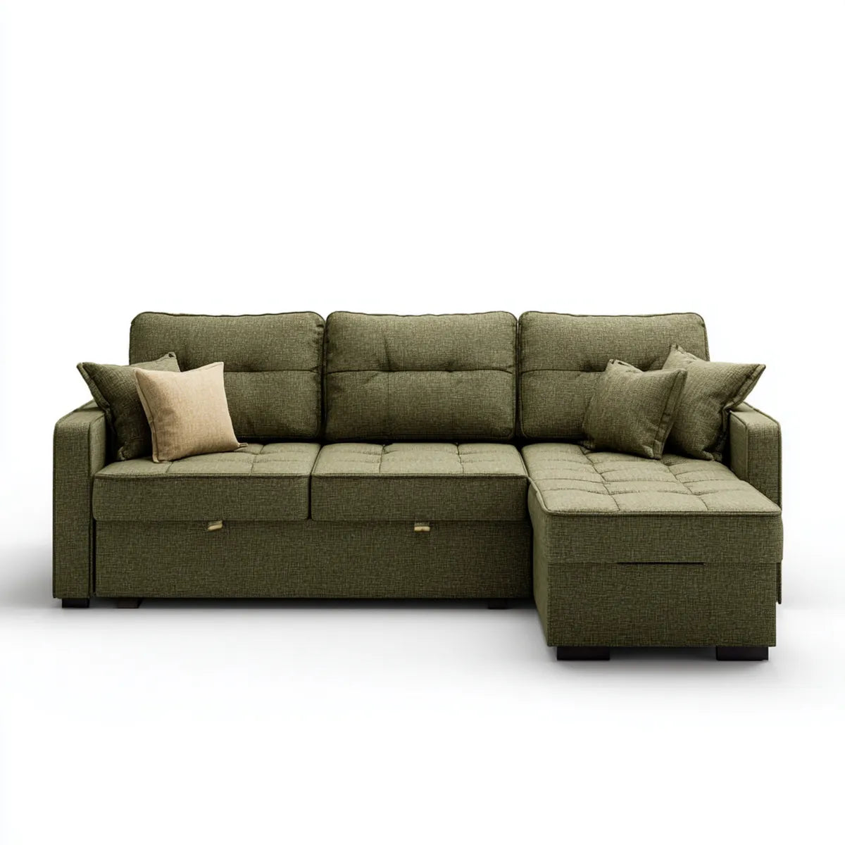 Canapé d’angle avec méridienne droite vert olive 250 x 150 x 85 cm en polyester forme L