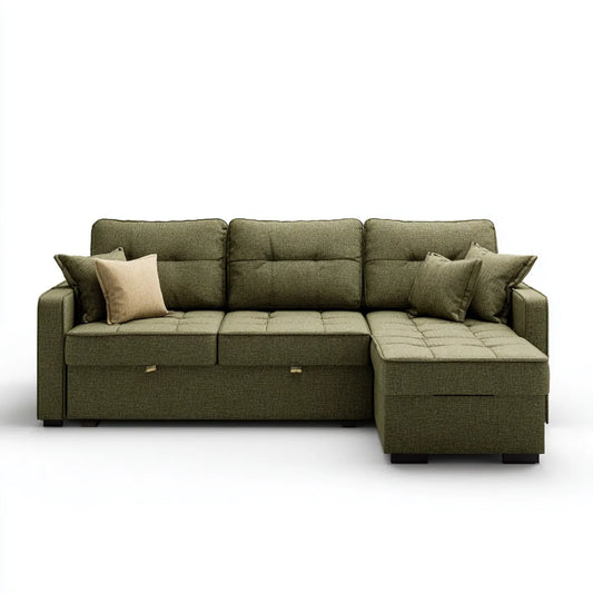 Canapé d’angle avec méridienne droite vert olive 250 x 150 x 85 cm en polyester forme L