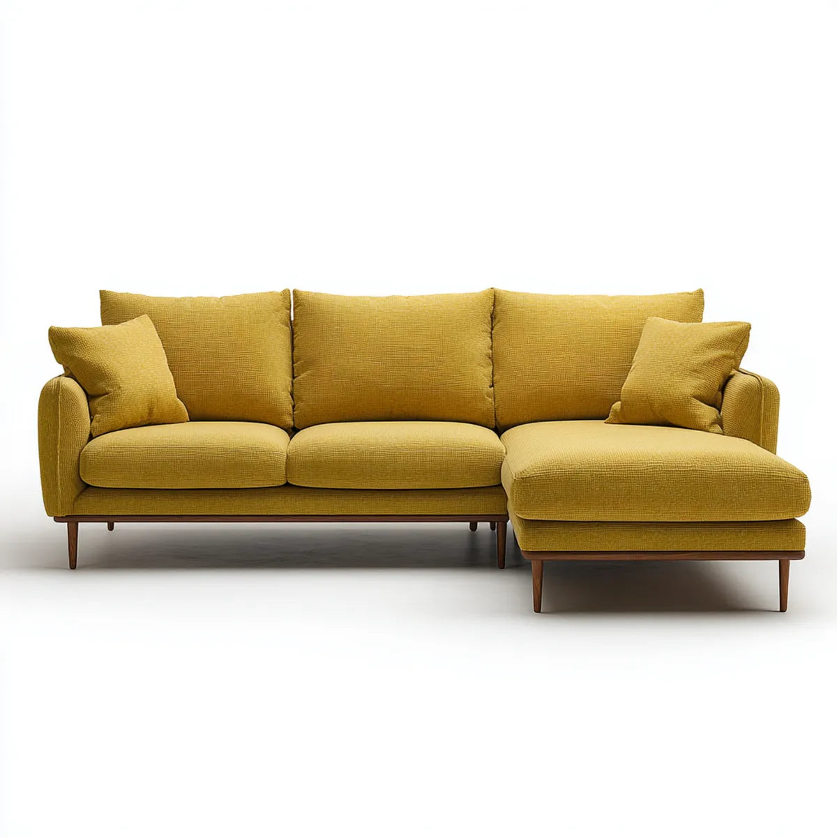 Canapé d’angle droit 3 places jaune moutarde en polyester 260 x 160 x 85 cm avec méridienne