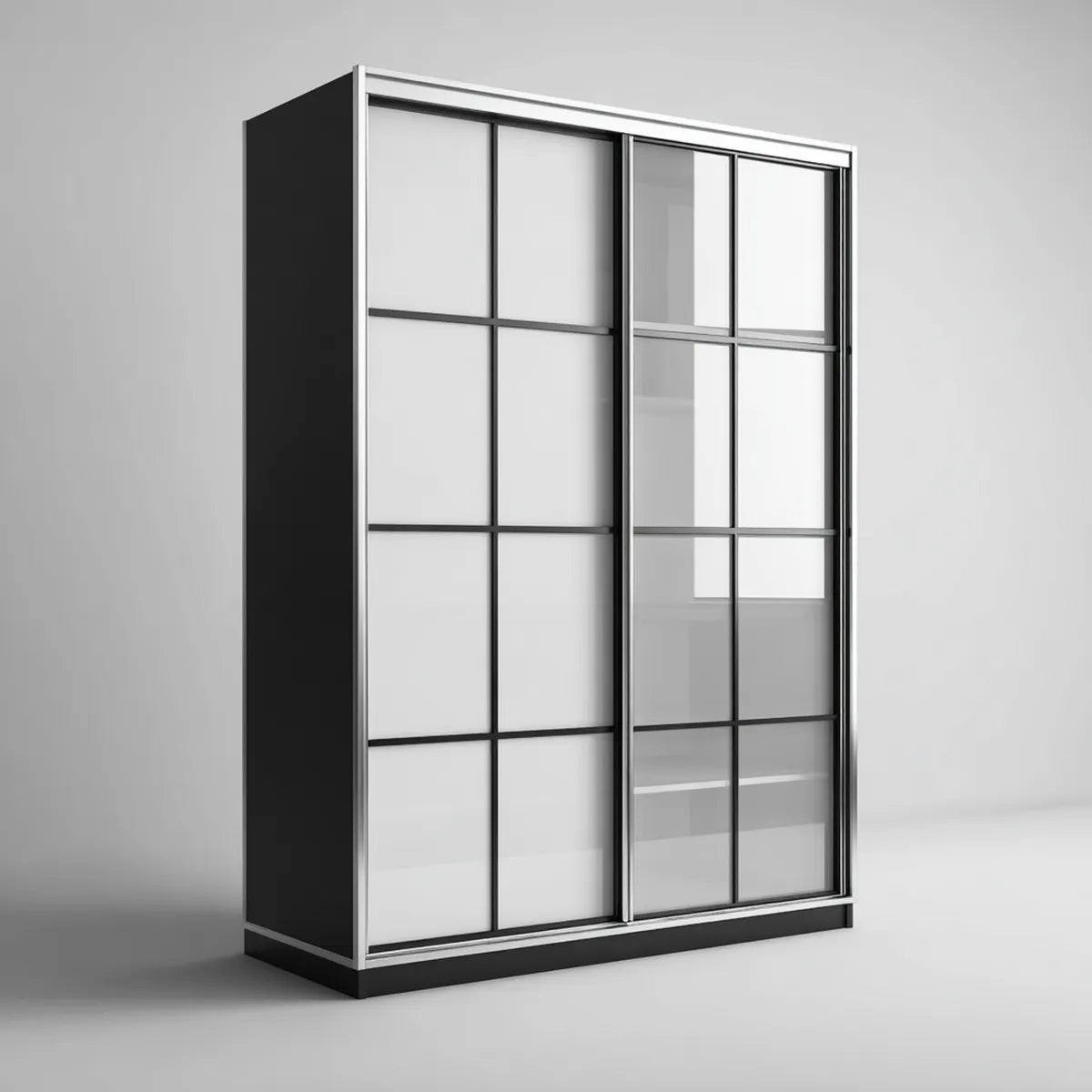 Armoire dressing à portes coulissantes noire et argentée 180 x 60 x 220 cm en panneaux de particules mélaminés verre et aluminium rectangulaire