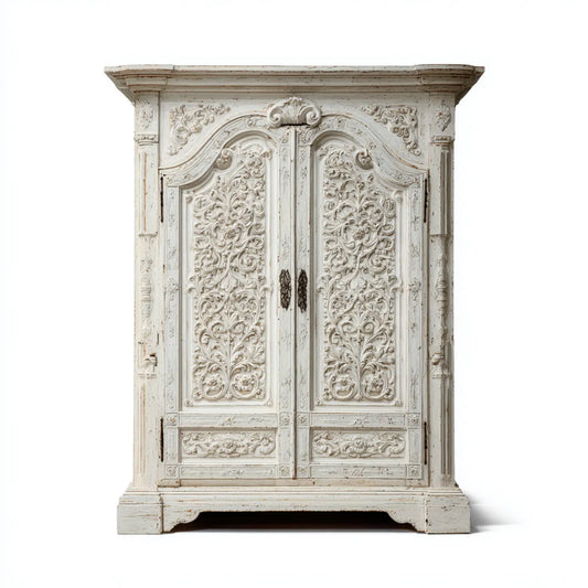 Armoire de chambre à 2 portes blanche 120 x 55 x 200 cm en bois massif rectangulaire sculptée