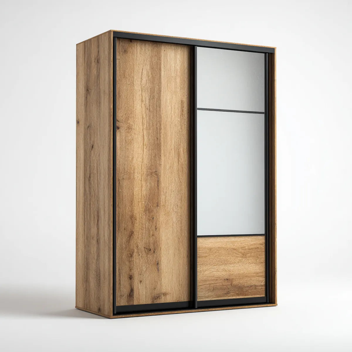 Armoire de chambre à portes coulissantes chêne naturel et noir 180 x 60 x 200 cm en panneaux de particules mélaminés avec miroir