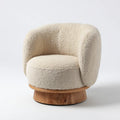 Fauteuil rond écru 75 x 75 x 72 cm en polyester bouclé avec base en MDF plaqué noyer