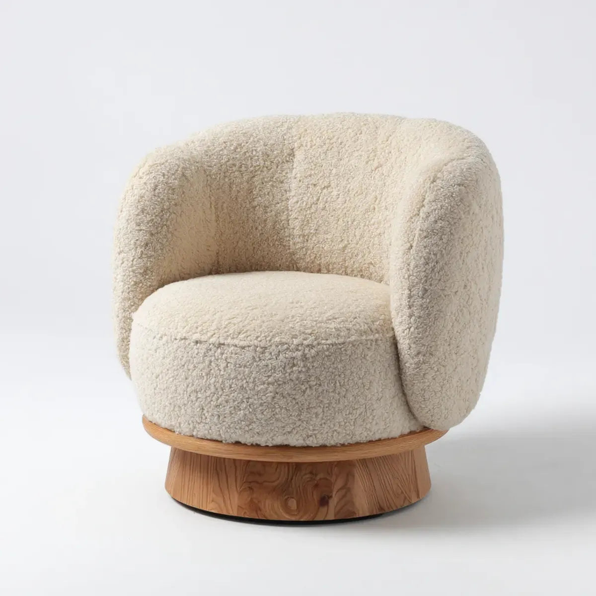 Fauteuil rond écru 75 x 75 x 72 cm en polyester bouclé avec base en MDF plaqué noyer