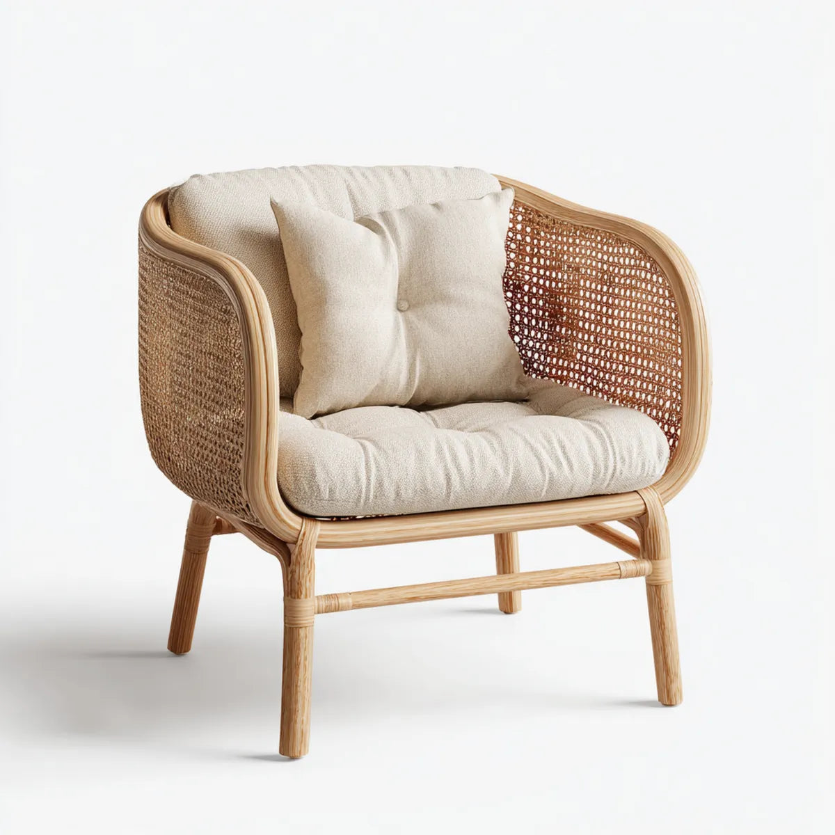 Fauteuil de salon en rotin naturel cannage beige avec coussins forme arrondie 78 x 75 x 83 cm