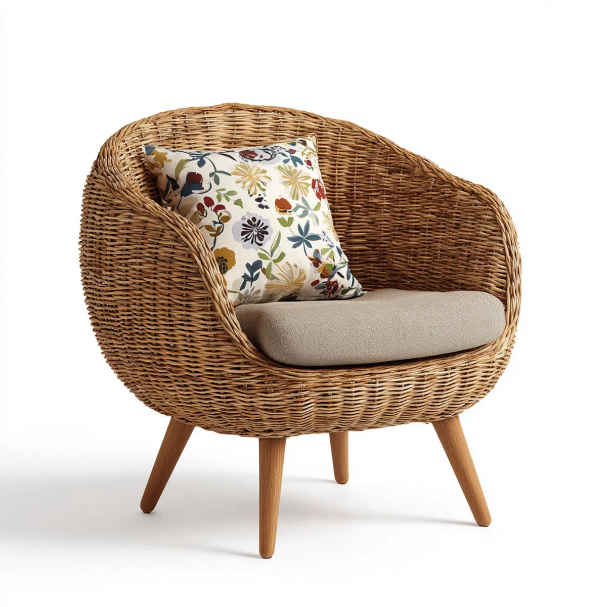 Fauteuil de salon arrondi en rotin naturel avec coussins beige à motif floral 78 x 72 x 80 cm