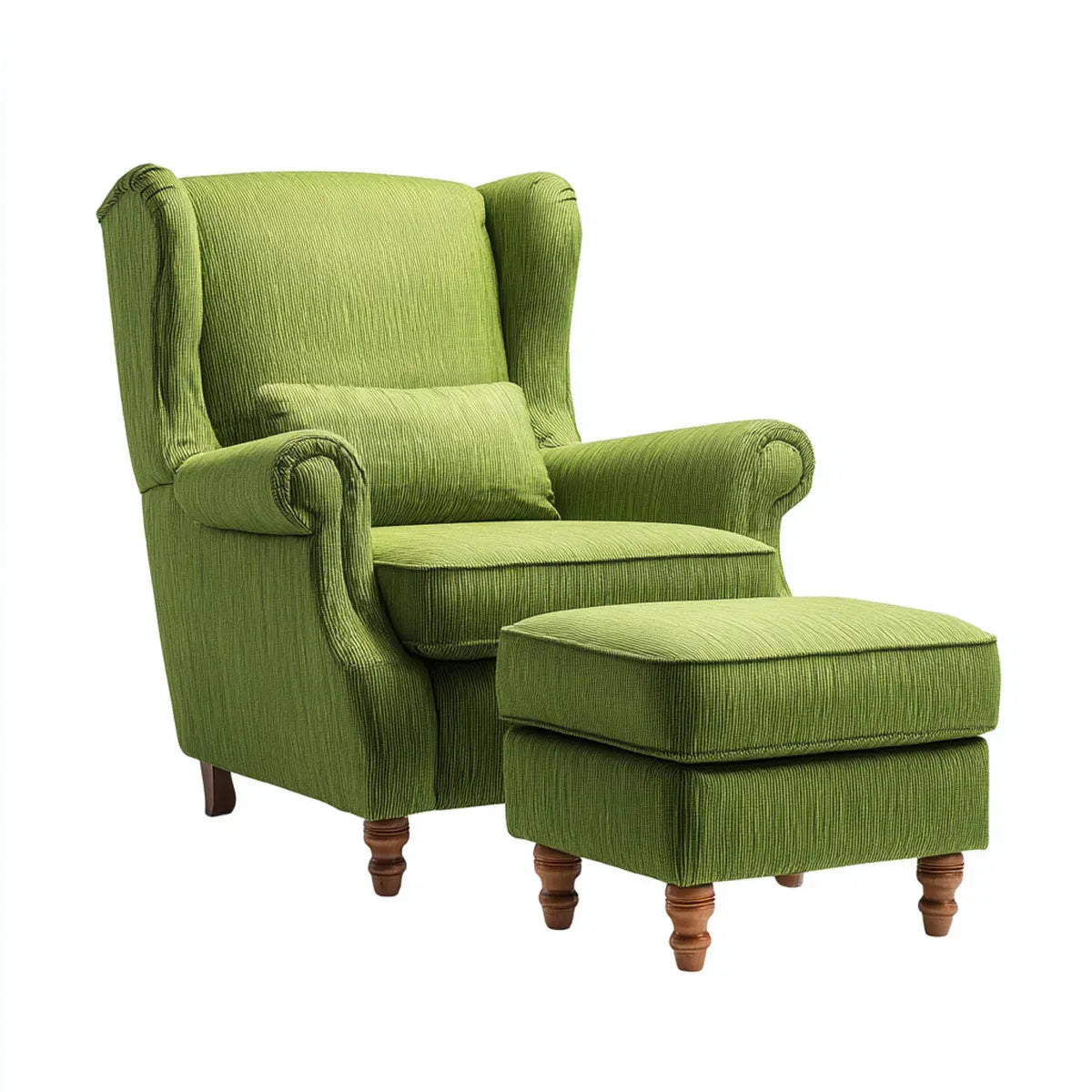 Fauteuil à oreilles avec repose-pieds vert olive en velours côtelé de polyester 82 x 90 x 105 cm